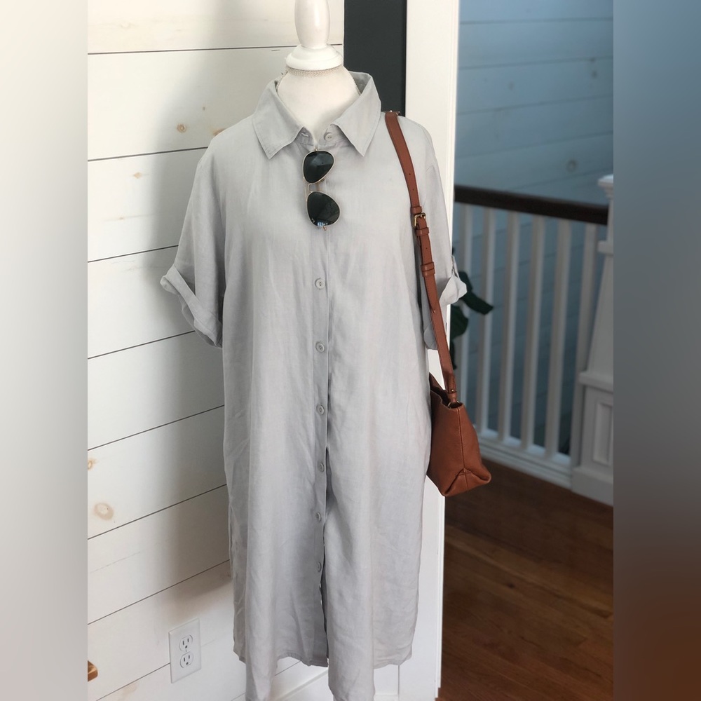 FLAX GRAY LINEN COLLARED SHORT SLEEVE DRESS SIZE LARGE
